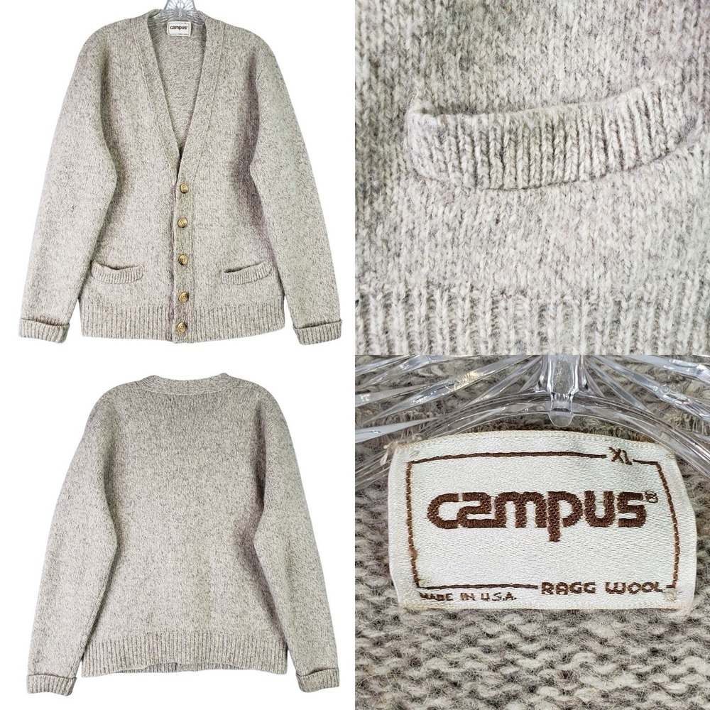 Vintage Campus Rag Wool Knit Cardigan Sweater Size XL Heather Beige USA Flaw